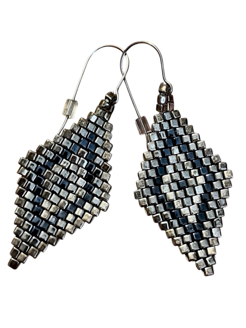 Handmade Miyuki Silver Hematite Diamond Drop Boho Beaded Earrings Surgical Steel